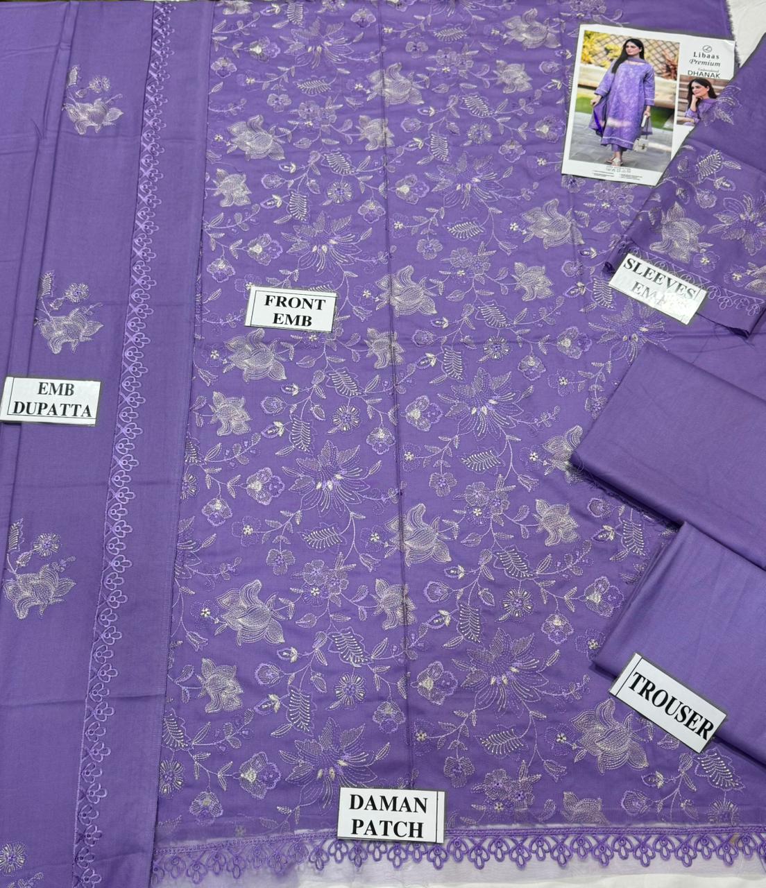LIBAAS-3PC DHANAK EMBROIDERED SHIRT WITH DHANAK EMBROIDERED SHAWL AND TROUSER