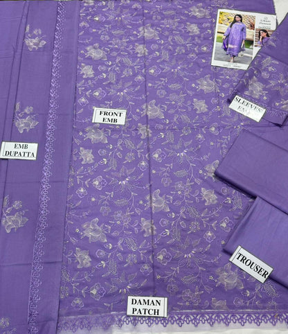 LIBAAS-3PC DHANAK EMBROIDERED SHIRT WITH DHANAK EMBROIDERED SHAWL AND TROUSER