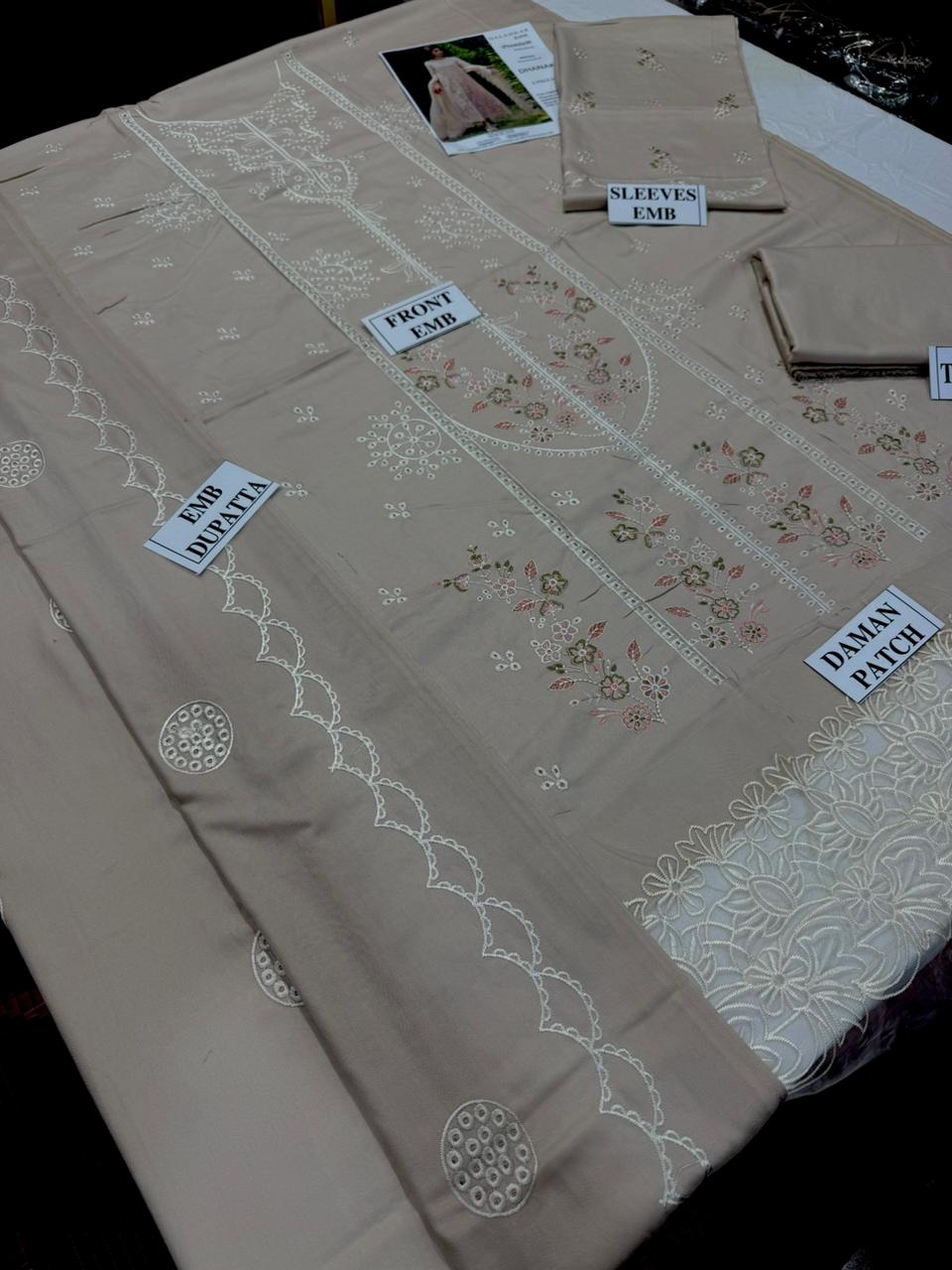 QALAMKAR -3PC DHANAK EMBROIDERED SHIRT WITH DHANAK EMBROIDERED SHAWL AND TROUSER