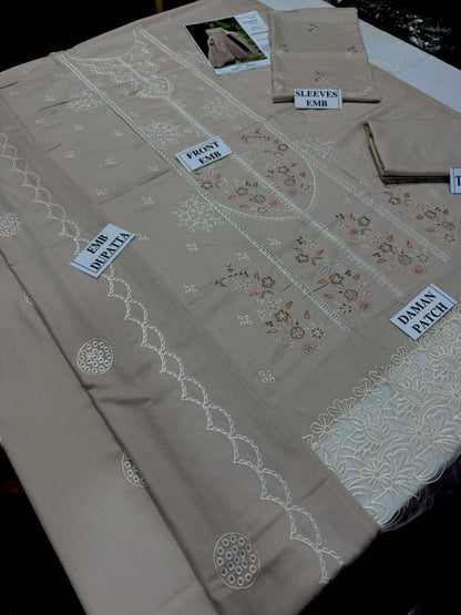 QALAMKAR -3PC DHANAK EMBROIDERED SHIRT WITH DHANAK EMBROIDERED SHAWL AND TROUSER