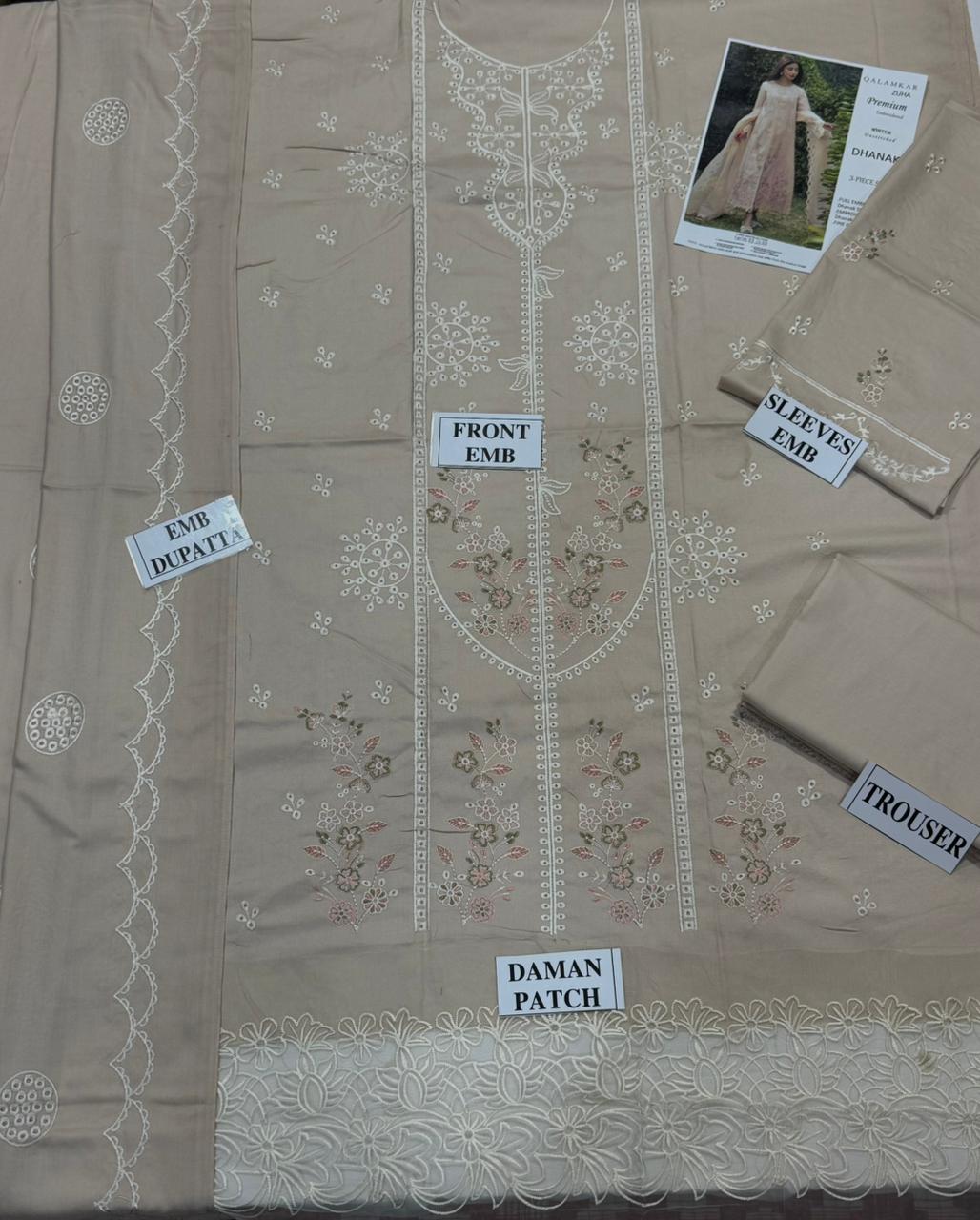 QALAMKAR -3PC DHANAK EMBROIDERED SHIRT WITH DHANAK EMBROIDERED SHAWL AND TROUSER