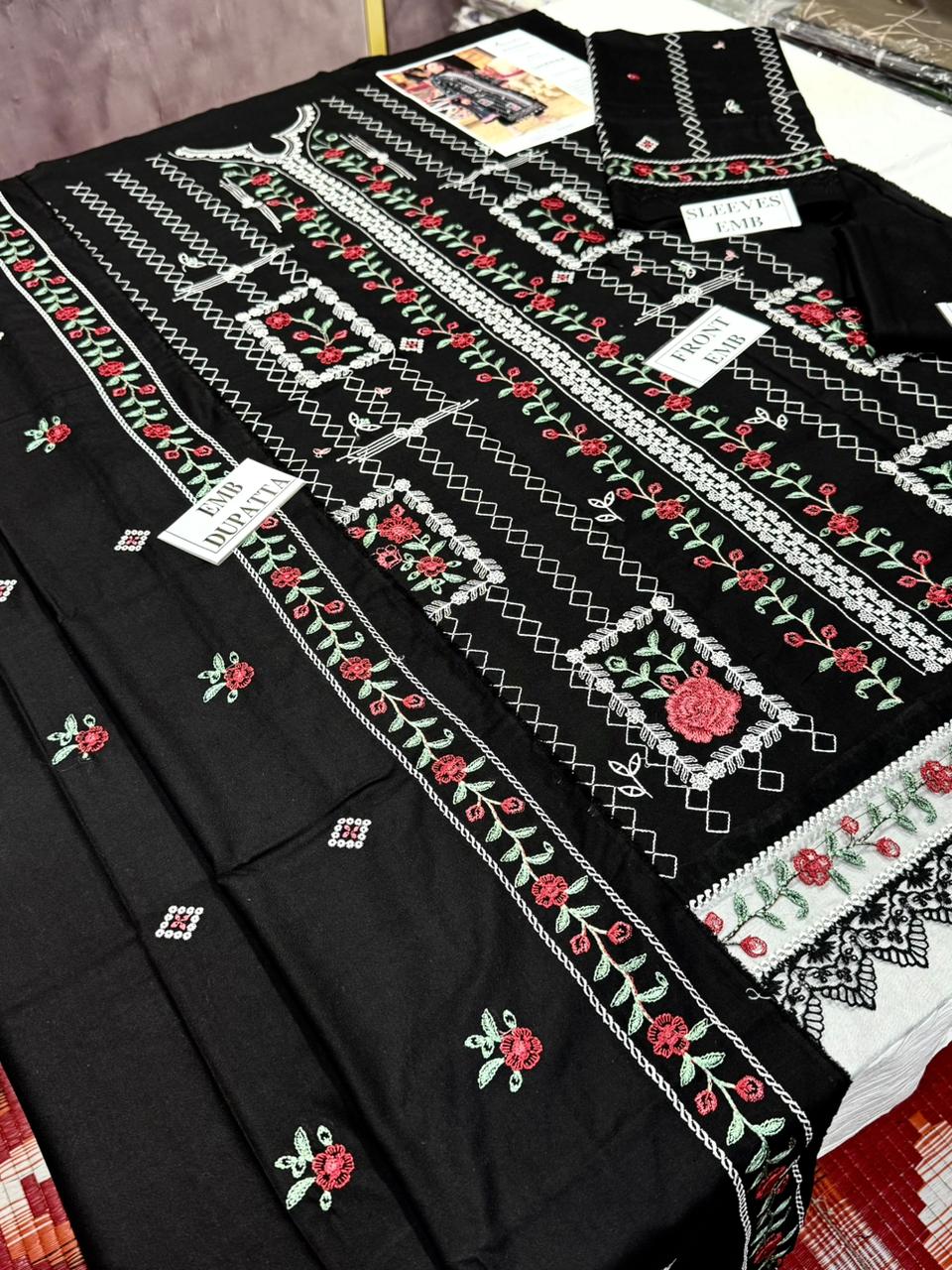 ANEELAS -3PC DHANAK EMBROIDERED SHIRT WITH DHANAK EMBROIDERED SHAWL AND TROUSER
