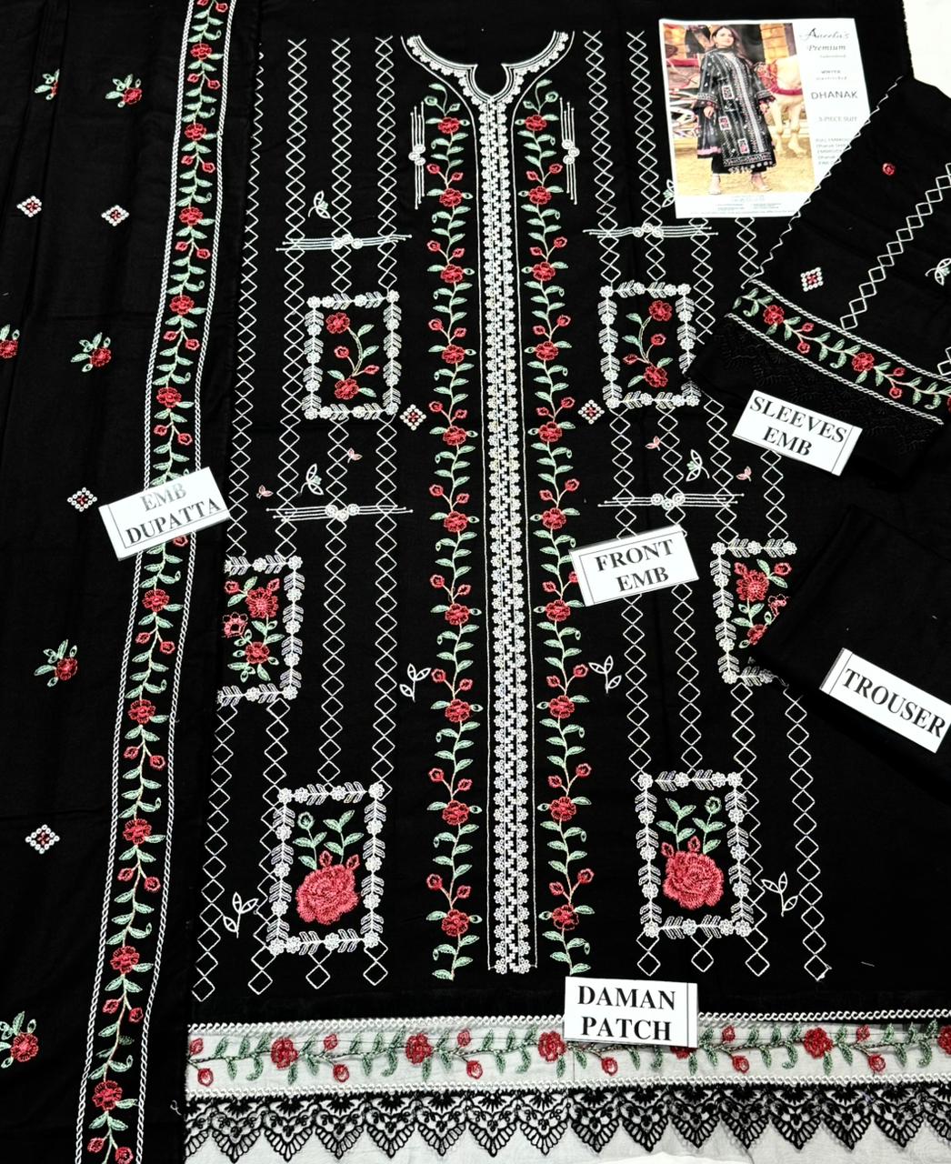 ANEELAS -3PC DHANAK EMBROIDERED SHIRT WITH DHANAK EMBROIDERED SHAWL AND TROUSER