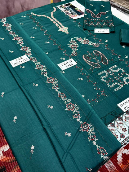 AFROZEH-3PC DHANAK EMBROIDERED SHIRT WITH DHANAK EMBROIDERED SHAWL AND TROUSER