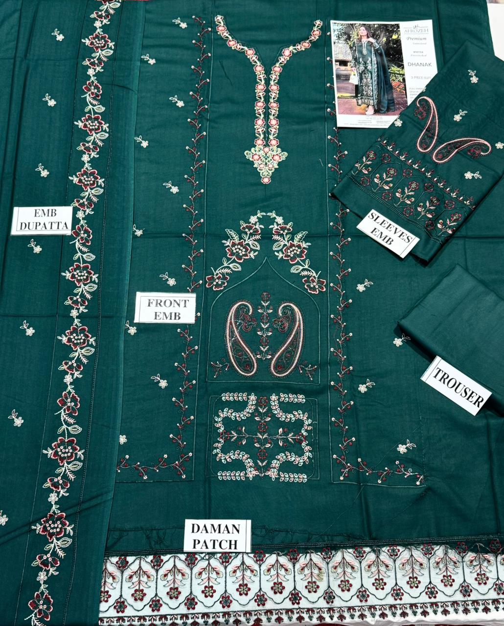 AFROZEH-3PC DHANAK EMBROIDERED SHIRT WITH DHANAK EMBROIDERED SHAWL AND TROUSER