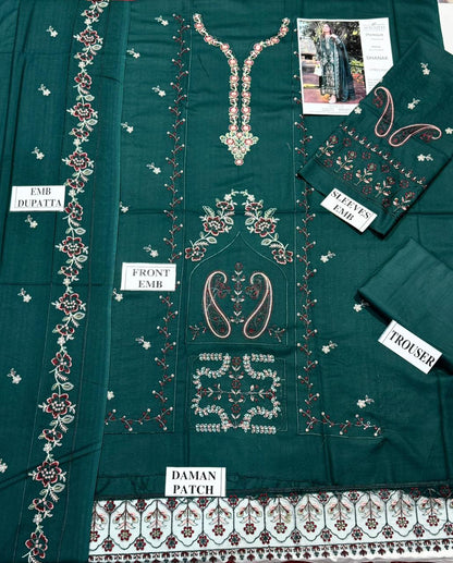 AFROZEH-3PC DHANAK EMBROIDERED SHIRT WITH DHANAK EMBROIDERED SHAWL AND TROUSER