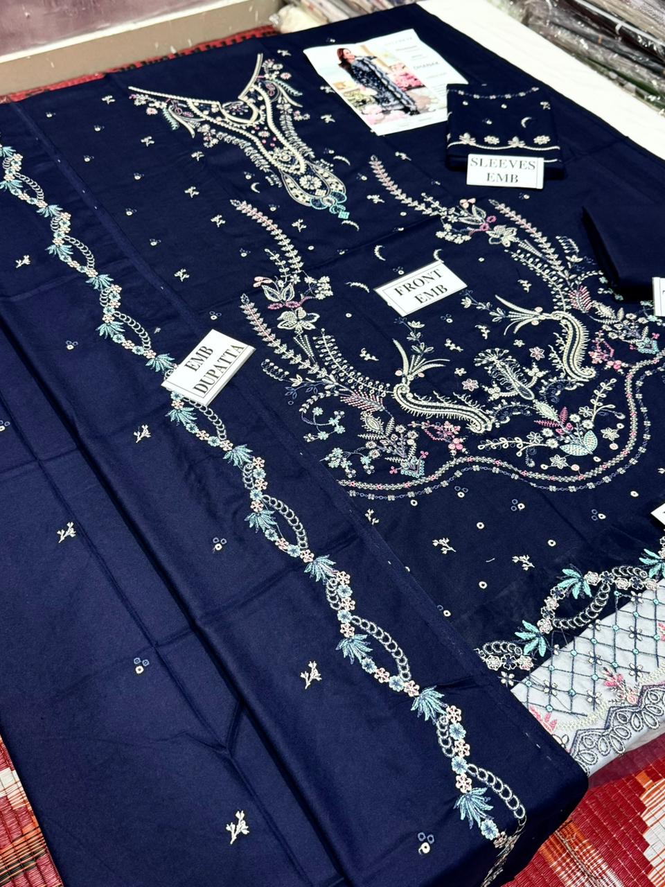 QALAMKAR-3PC DHANAK EMBROIDERED SHIRT WITH DHANAK EMBROIDERED SHAWL AND TROUSER