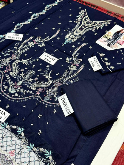 QALAMKAR-3PC DHANAK EMBROIDERED SHIRT WITH DHANAK EMBROIDERED SHAWL AND TROUSER