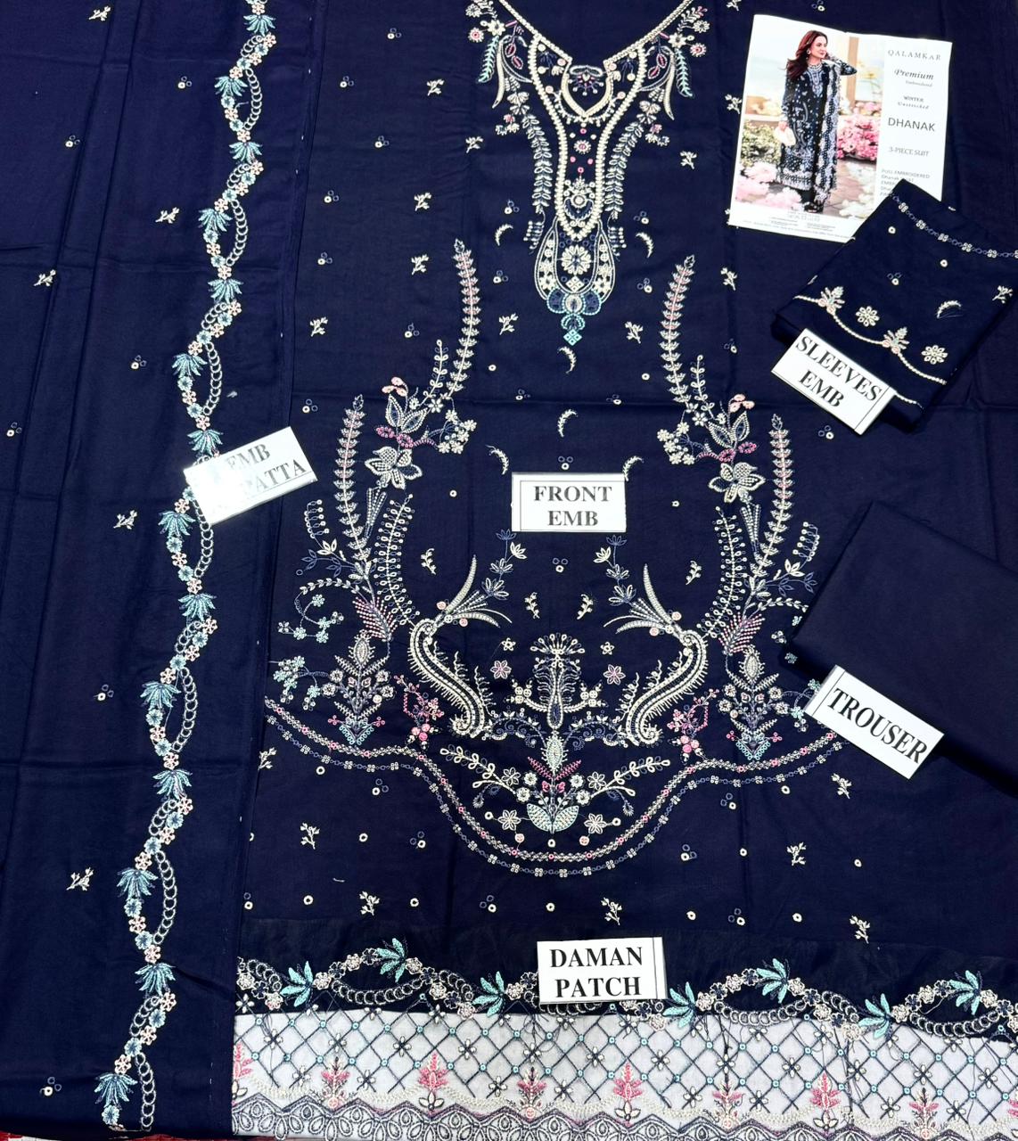 QALAMKAR-3PC DHANAK EMBROIDERED SHIRT WITH DHANAK EMBROIDERED SHAWL AND TROUSER