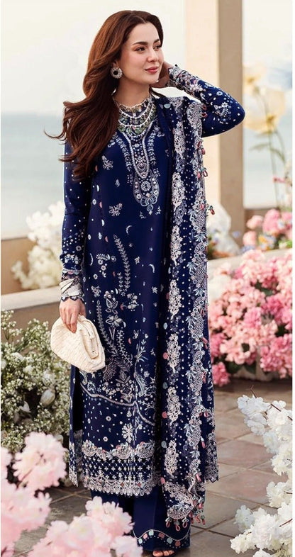 QALAMKAR-3PC DHANAK EMBROIDERED SHIRT WITH DHANAK EMBROIDERED SHAWL AND TROUSER