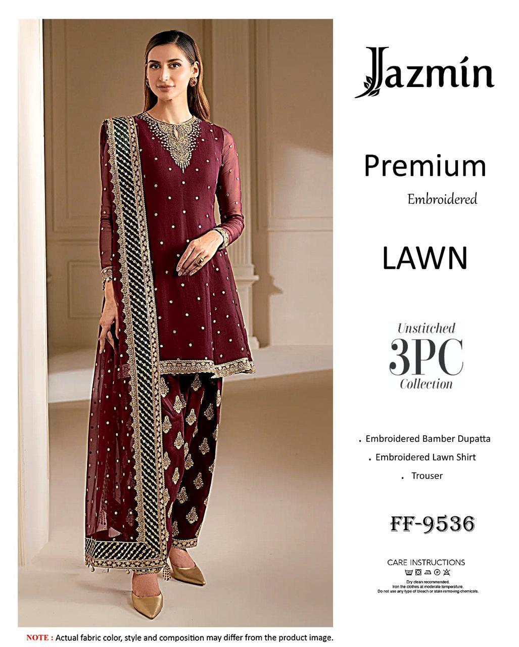 Jazmin Premium Embroidered Lawn 3PC Suit FF-9536 Maroon Black Gold Unstitched IBX Collection
