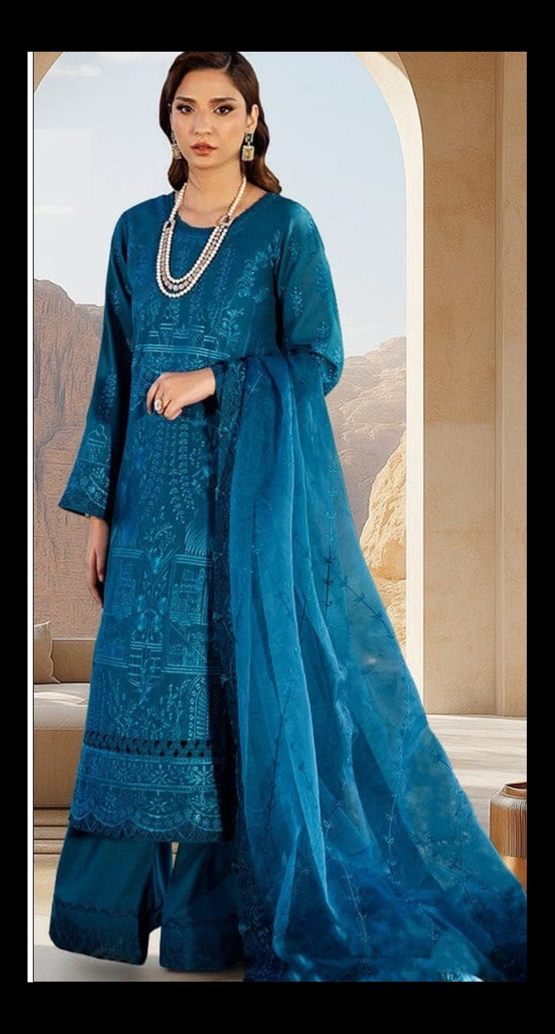 ASIMJOFA-3PC DHANAK EMBROIDERED SHIRT WITH DHANAK EMBROIDERED SHAWL AND TROUSER