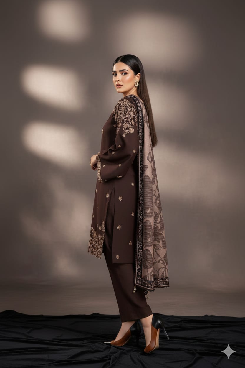 SR-BQ140 Dhanak Embroidered Suit With Digital Printed Wool Shawl