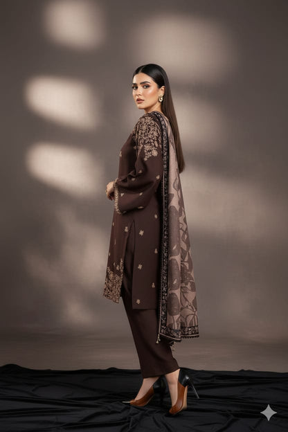 SR-BQ140 Dhanak Embroidered Suit With Digital Printed Wool Shawl