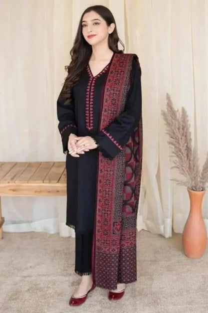 SR-BC835 3Pc Unstitched Dhanak Suit with Printed Woolen Shawl