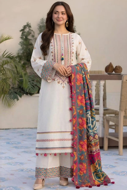 SR-QL2690 Unstitched Fully Embroidered Lawn Suit With Digital Printed Monar Dupatta