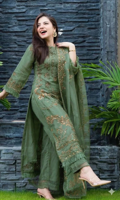 SR-1100 Sage Green Un-Stitched Lawn Embroidered 3pc With Organza Embroidered Dupatta