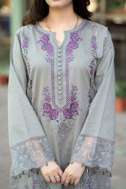 SR-842 Chikenkari Embroidered Lawn Suit 3pc With Embroidered Bamber Chiffon Dupatta
