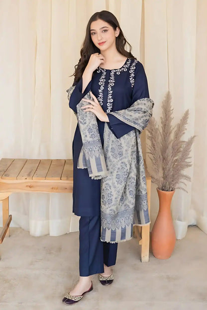 SR-MB830 Unstitched Fully Embroided Dhanak Suit With Wool Shawl