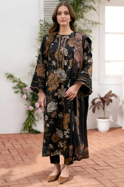 SR-BQ02 Digital Printed Khaddar Suit 3pc with Khaddar Digital Printed Dupatta & Embroidered Patches