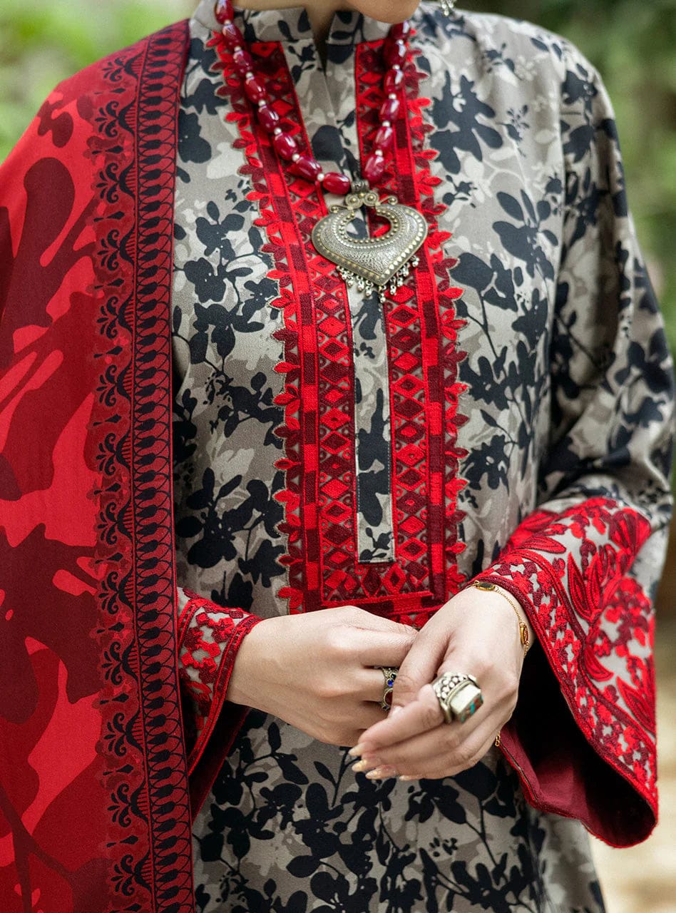 SR-MB437 Digital Printed Linen Suit 3pc with Linen Digital Printed Dupatta & Embroidered Patches