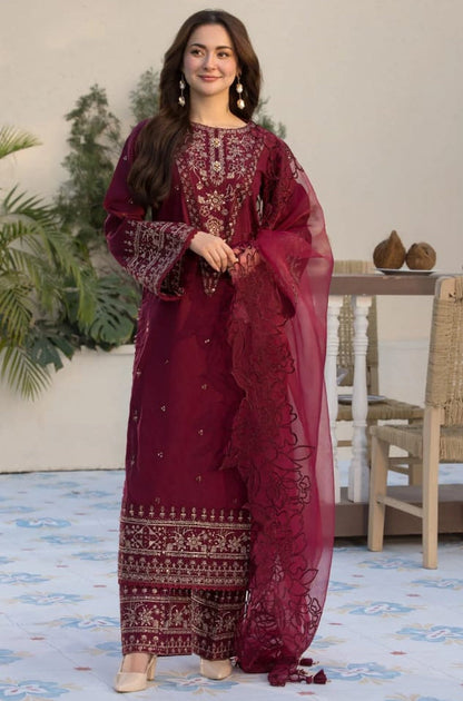 SR-2685 Lawn Unstitched Embroidered 3pc Suit With Organza Embroidered Cutwork Dupatta