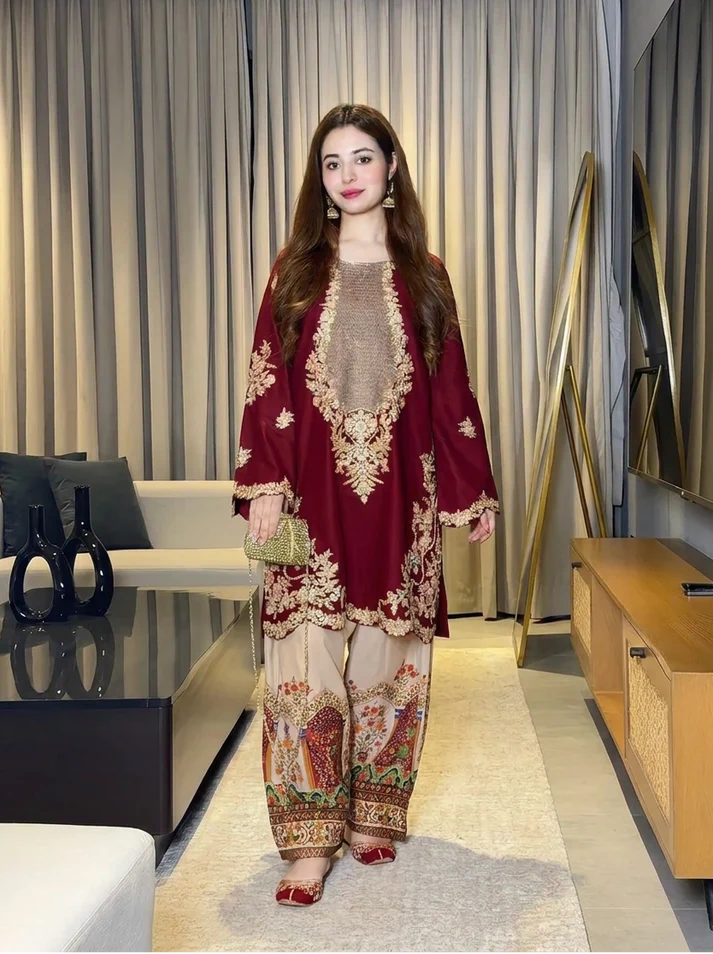 Maya Ali Ethnic Mehroon Skin Silk 2PC