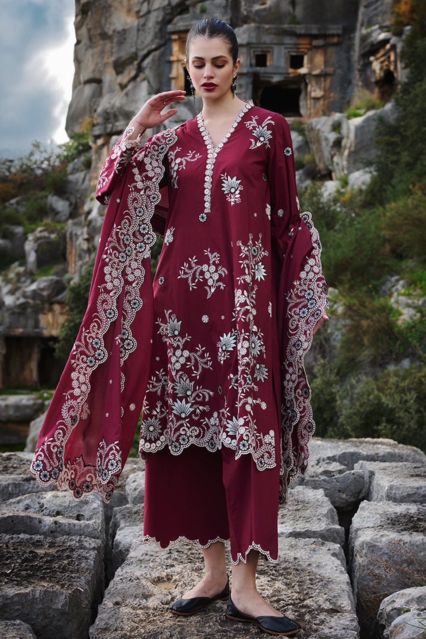IMAGE-3PC LAWN EMBROIDERED SHIRT WITH KHADDI NET EMBROIDERED DUPATTA AND EMB TROUSER-BIC-4545
