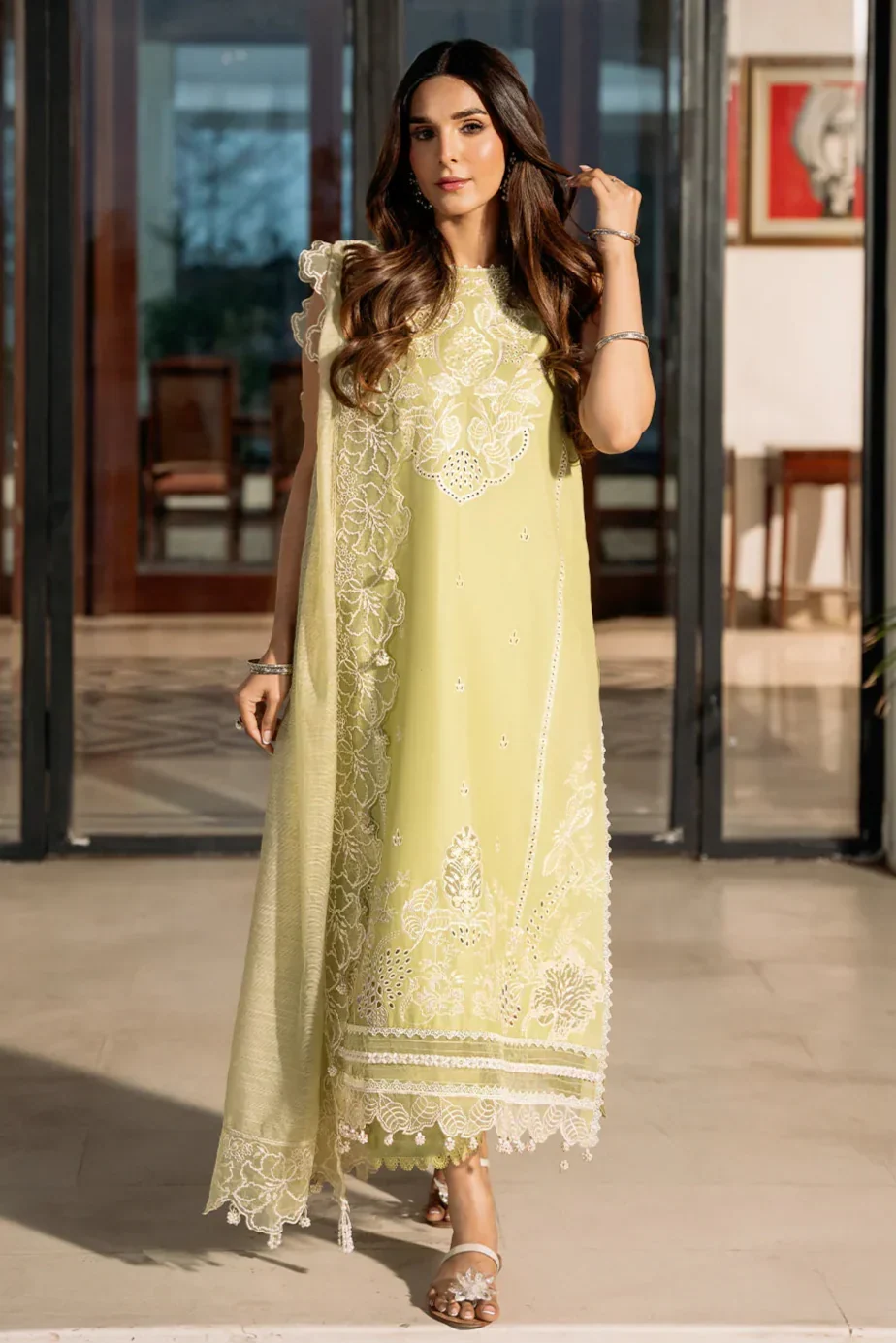 IZEL-3PC LAWN EMBROIDERED SHIRT WITH KHAADI NET EMBROIDERED DUPATTA AND TROUSER-BIC-4503