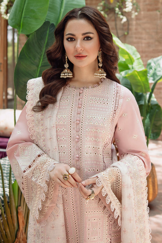 JAZMIN-3PC LAWN CHIKANKARI EMBROIDERED SHIRT WITH KHADDI NET EMB DUPATTA AND TROUSER -BIC-4552