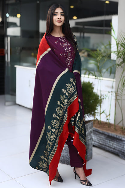 BRANDSINN-3PC KHADDAR CUTWORK EMBROIDERED SHIRT WITH KASHMIRI JACQUARD WOOL SHAWL-BIC-1550