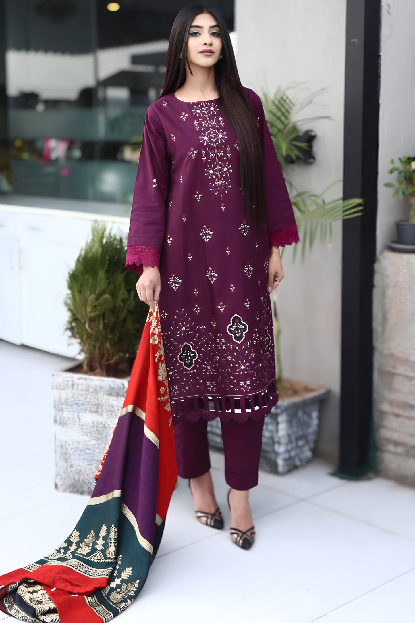 BRANDSINN-3PC KHADDAR CUTWORK EMBROIDERED SHIRT WITH KASHMIRI JACQUARD WOOL SHAWL-BIC-1550